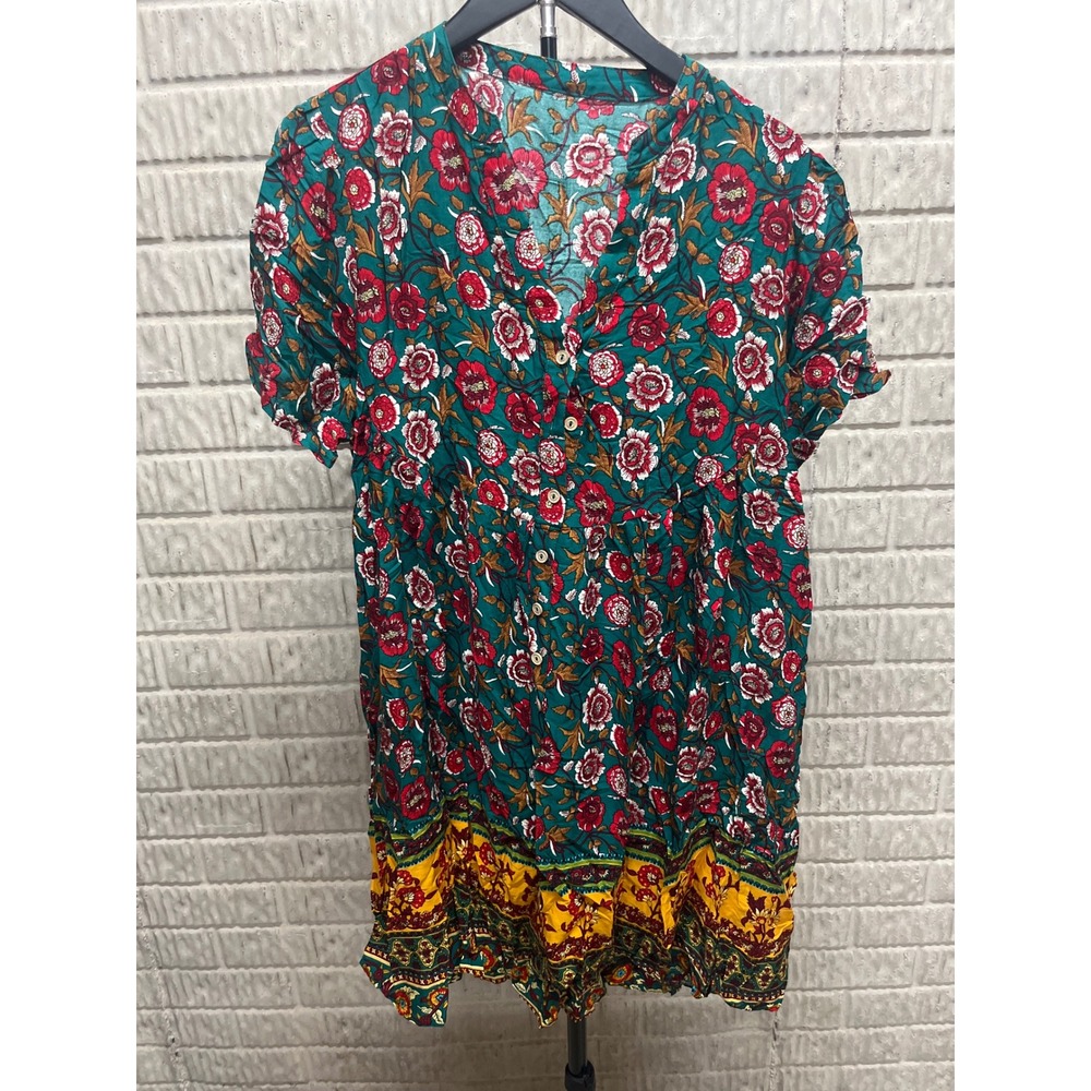 Cupshe Teal Green Floral‎ Boho Button Front Mini Dress Large CAA05A4B095RR NEW
